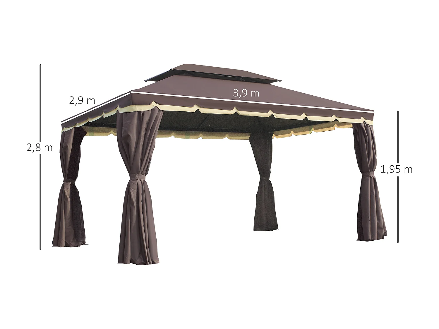 Tonnelle barnum pavillon de jardin style colonial double toit toile moustiquaires et toiles amovibles 3,9L x 2,9l x 2,8H m chocolat