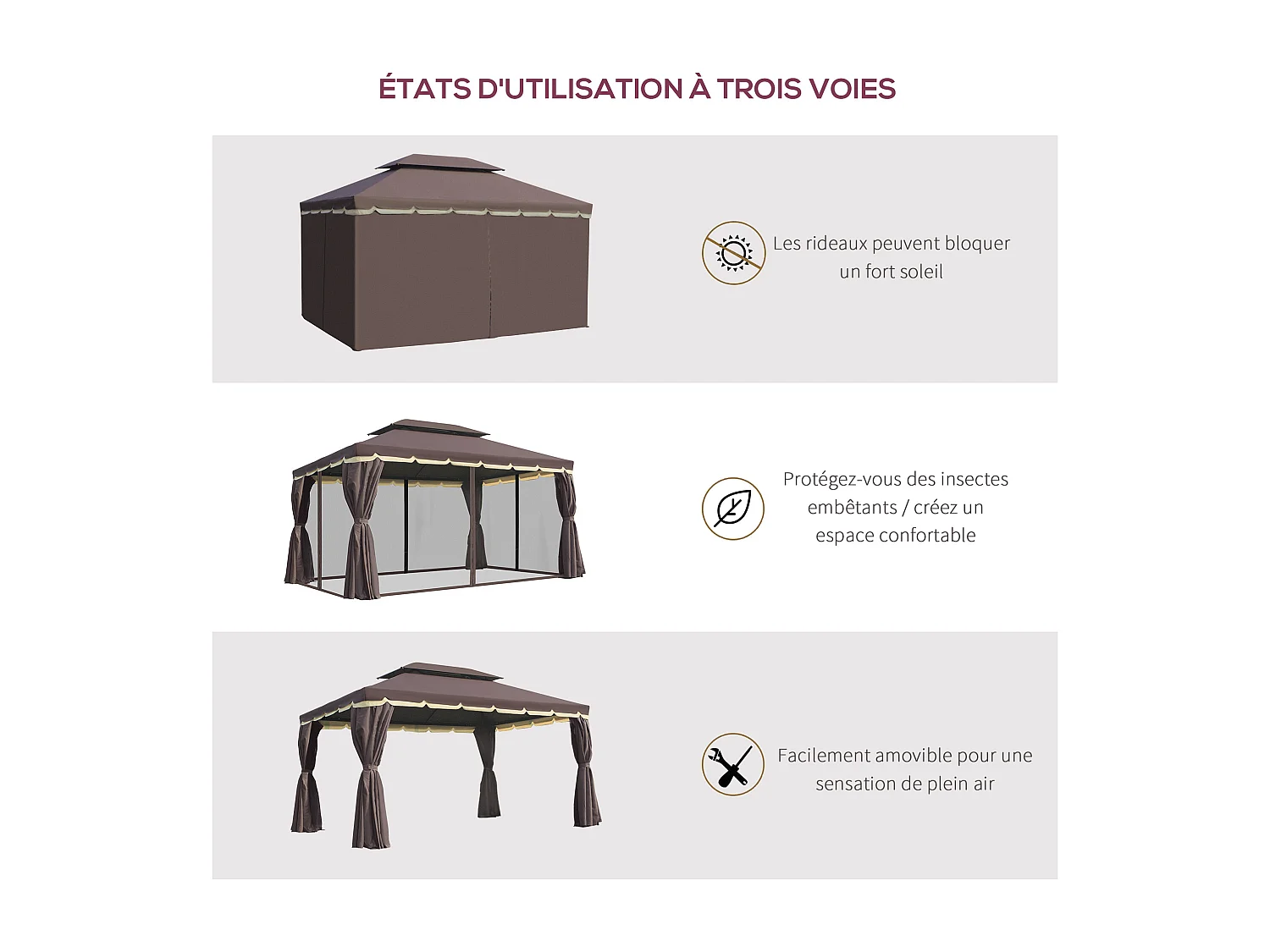 Tonnelle barnum pavillon de jardin style colonial double toit toile moustiquaires et toiles amovibles 3,9L x 2,9l x 2,8H m chocolat