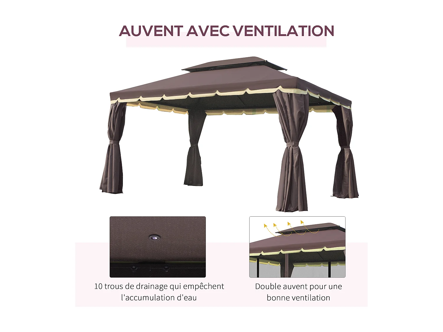 Tonnelle barnum pavillon de jardin style colonial double toit toile moustiquaires et toiles amovibles 3,9L x 2,9l x 2,8H m chocolat