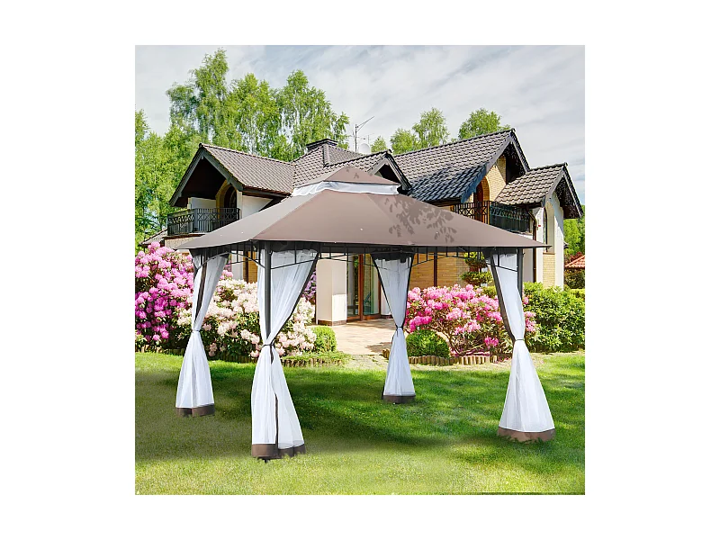 Tonnelle barnum style colonial double toit toile moustiquaires amovibles 3L x 3l x 2,7H m métal époxy polyester chocolat et blanc