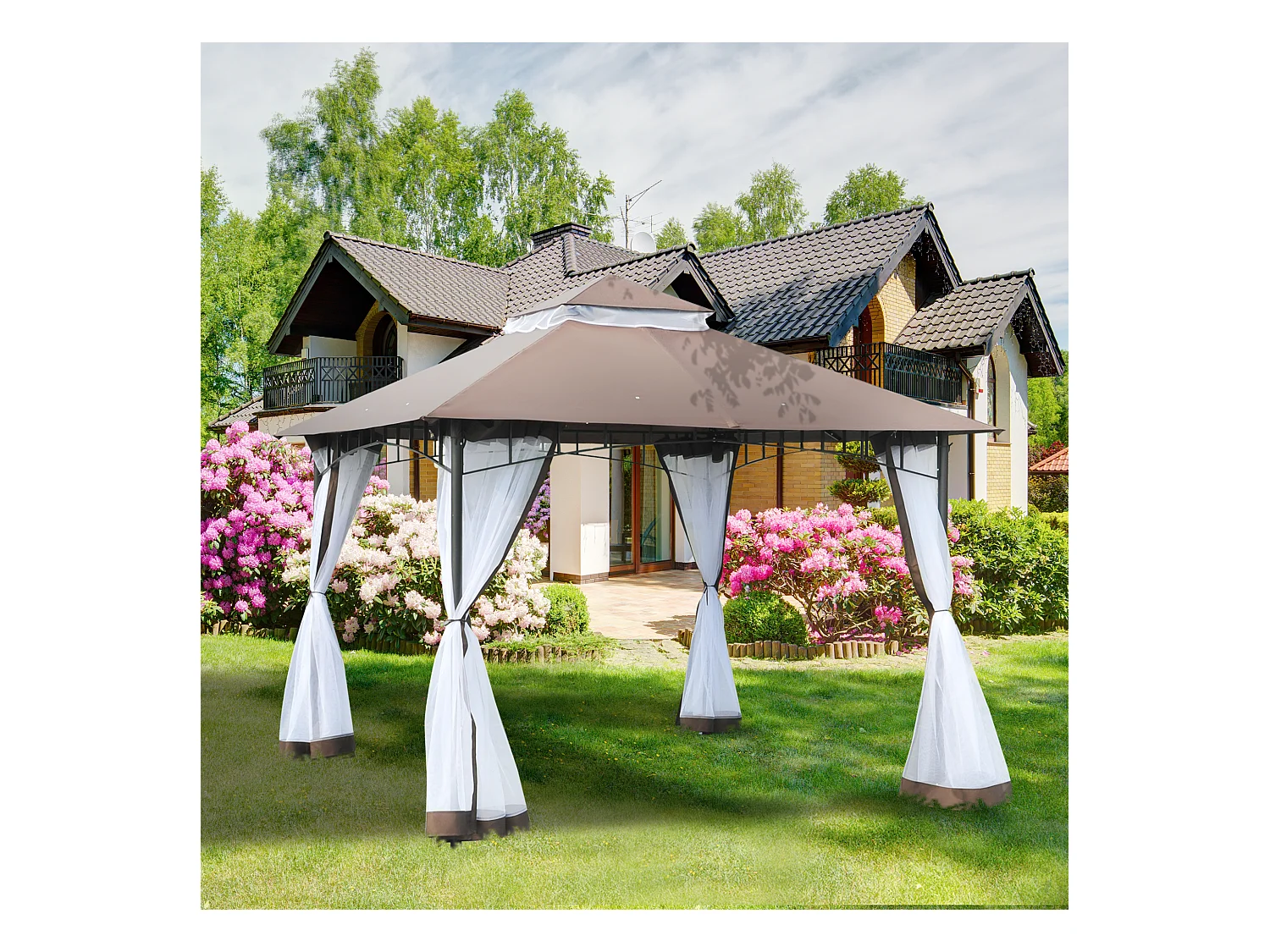 Tonnelle barnum style colonial double toit toile moustiquaires amovibles 3L x 3l x 2,7H m métal époxy polyester chocolat et blanc