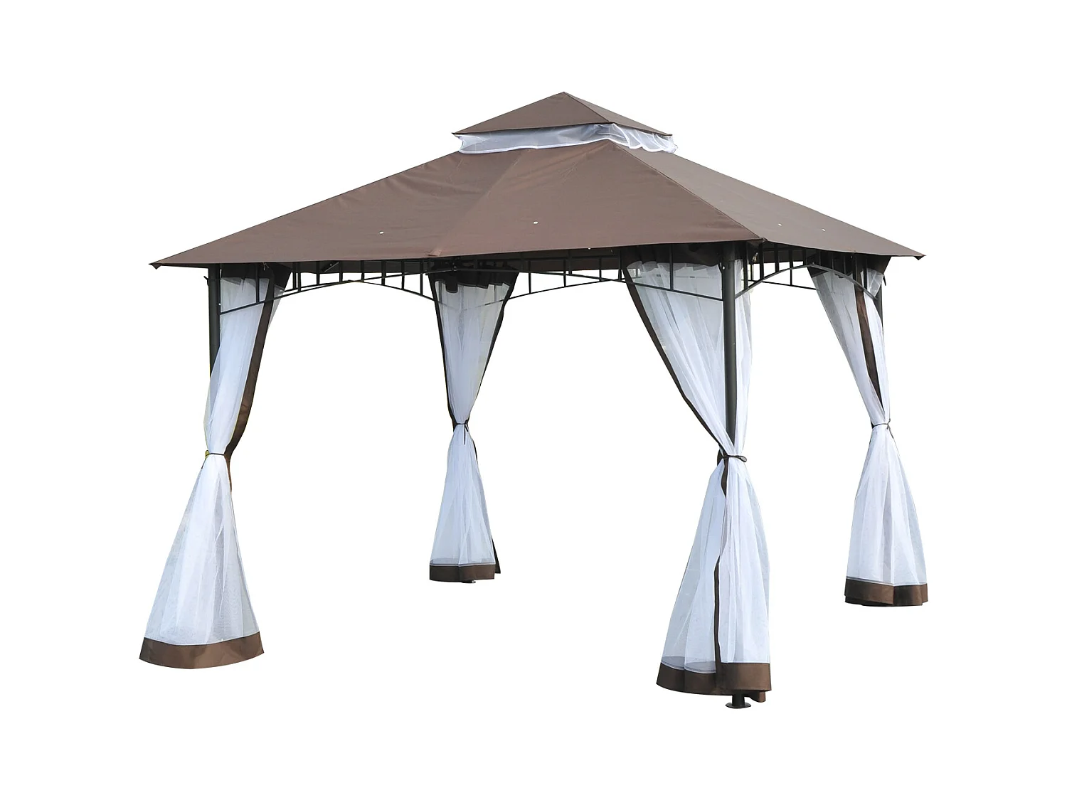 Tonnelle barnum style colonial double toit toile moustiquaires amovibles 3L x 3l x 2,7H m métal époxy polyester chocolat et blanc