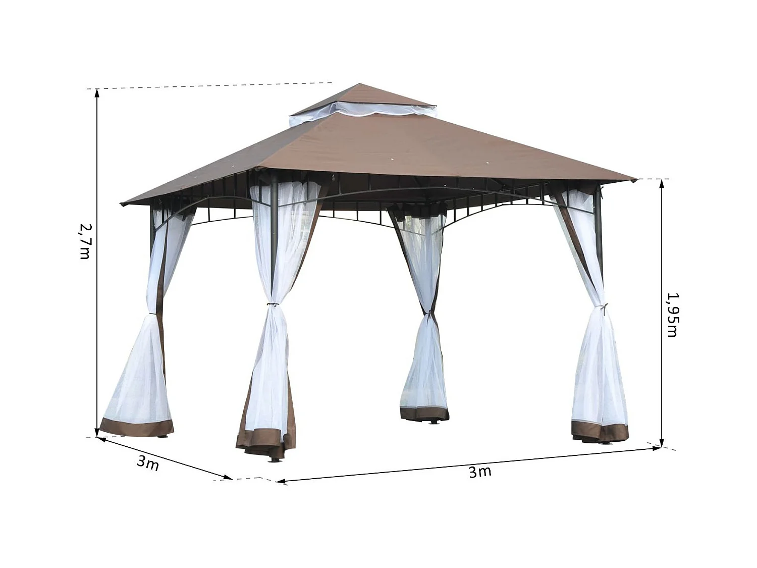 Tonnelle barnum style colonial double toit toile moustiquaires amovibles 3L x 3l x 2,7H m métal époxy polyester chocolat et blanc