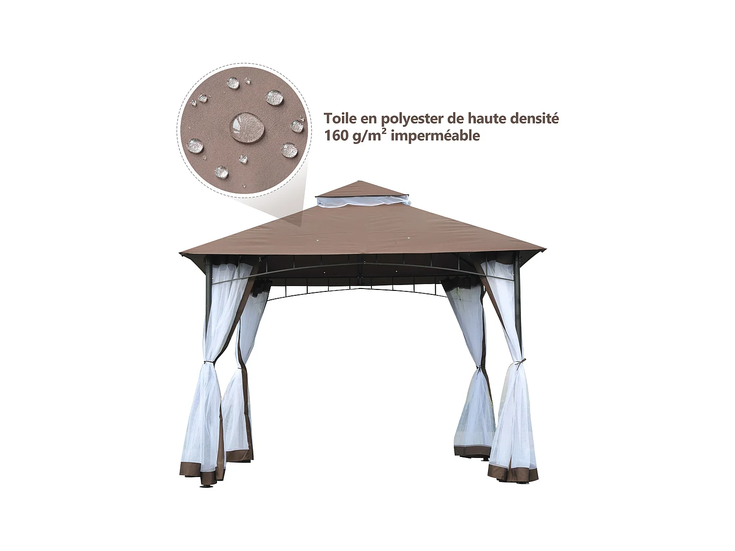 Tonnelle barnum style colonial double toit toile moustiquaires amovibles 3L x 3l x 2,7H m métal époxy polyester chocolat et blanc