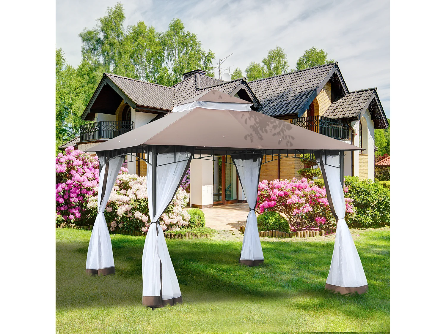 Tonnelle barnum style colonial double toit toile moustiquaires amovibles 3L x 3l x 2,7H m métal époxy polyester chocolat et blanc