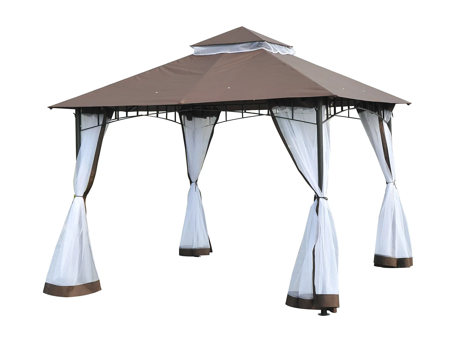 Tonnelle barnum style colonial double toit toile moustiquaires amovibles 3L x 3l x 2,7H m métal époxy polyester chocolat et blanc