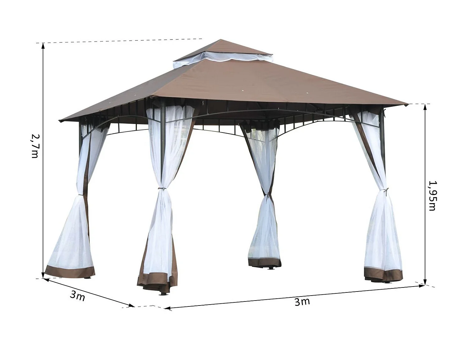 Tonnelle barnum style colonial double toit toile moustiquaires amovibles 3L x 3l x 2,7H m métal époxy polyester chocolat et blanc