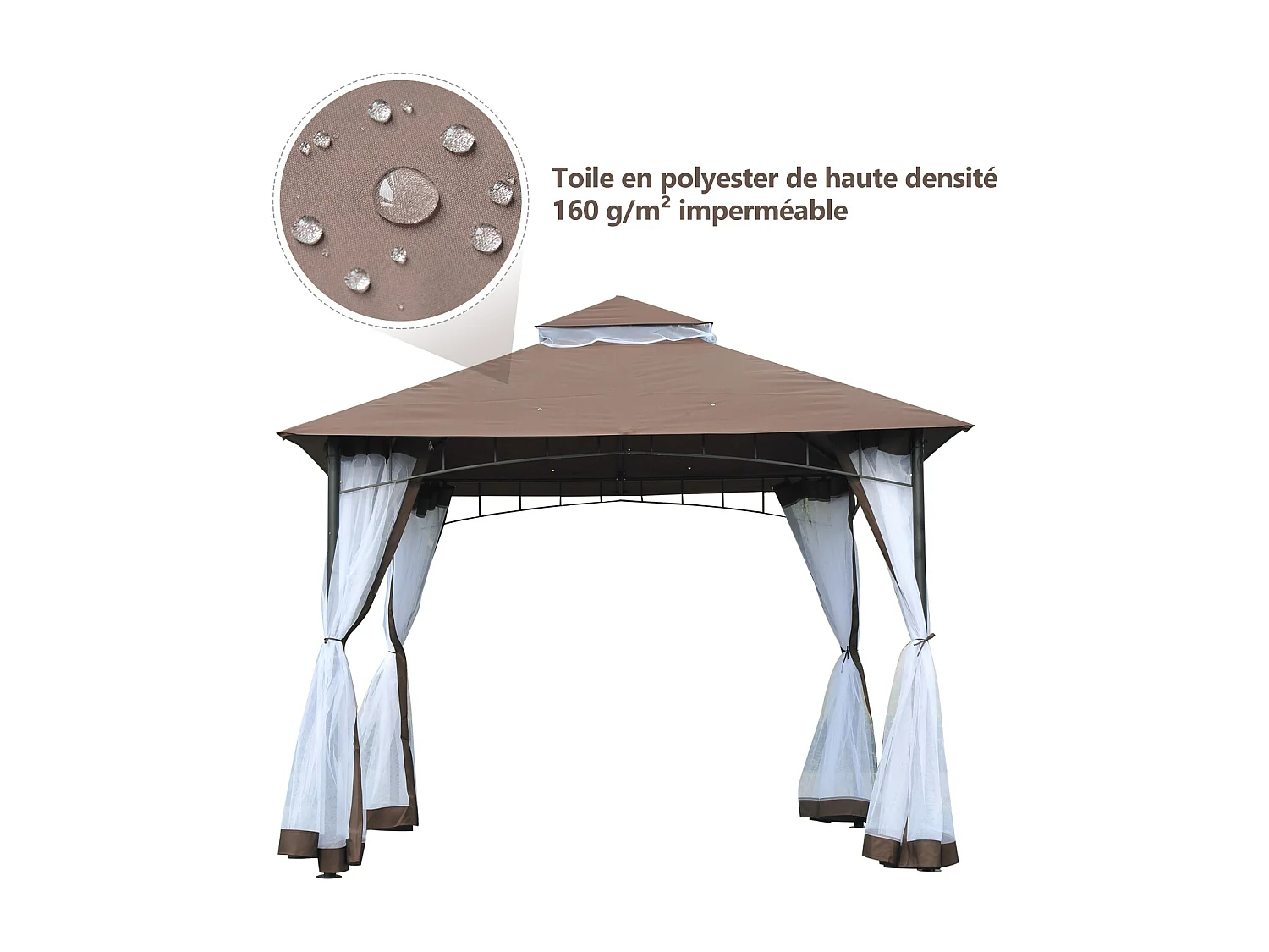 Tonnelle barnum style colonial double toit toile moustiquaires amovibles 3L x 3l x 2,7H m métal époxy polyester chocolat et blanc