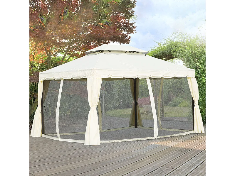 Tonnelle barnum pavillon de jardin style colonial double toit toile moustiquaires et toiles amovibles 3,9L x 2,9l x 2,7H m écru