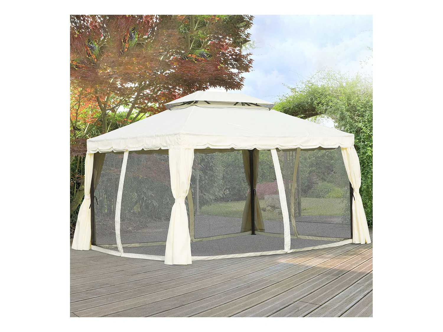 Tonnelle barnum pavillon de jardin style colonial double toit toile moustiquaires et toiles amovibles 3,9L x 2,9l x 2,7H m écru