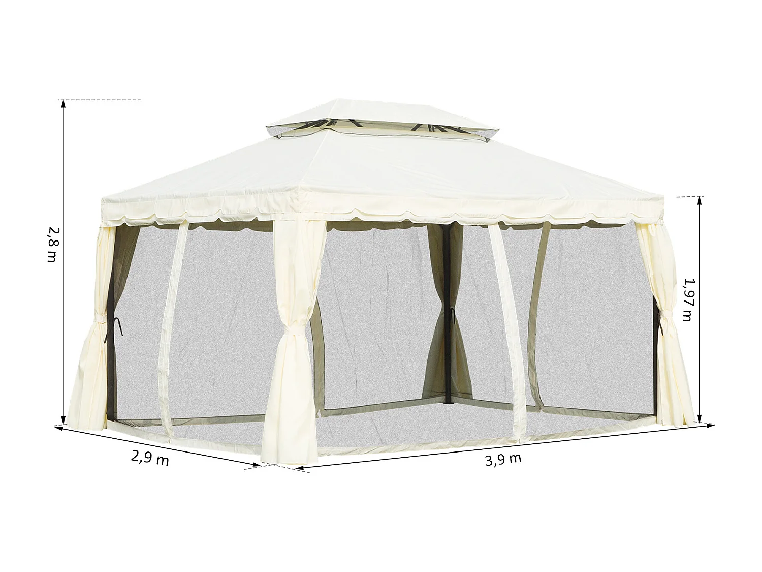 Tonnelle barnum pavillon de jardin style colonial double toit toile moustiquaires et toiles amovibles 3,9L x 2,9l x 2,7H m écru