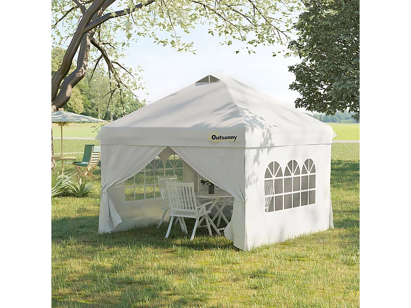 Tonnelle barnum pliant pop-up 3L x 3l x 2,84H m 4 parois latérales amovibles 2 fenêtres + sac de transport métal Oxford blanc