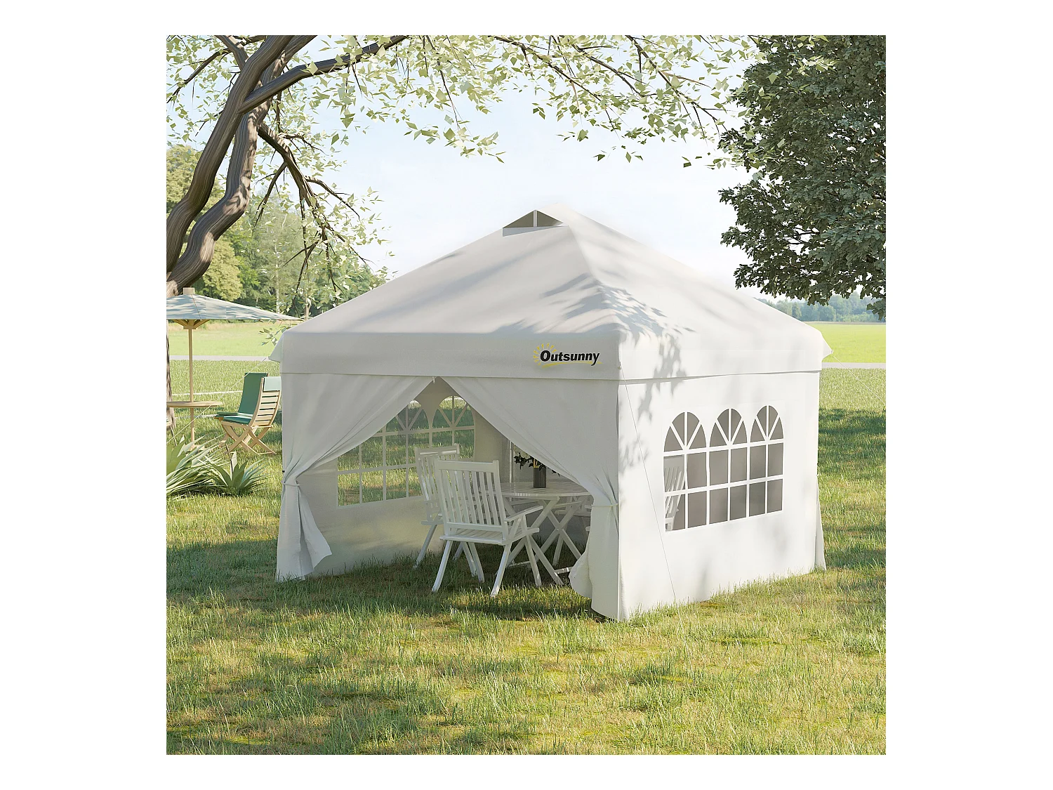 Tonnelle barnum pliant pop-up 3L x 3l x 2,84H m 4 parois latérales amovibles 2 fenêtres + sac de transport métal Oxford blanc