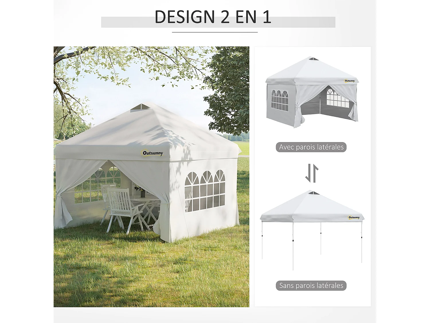 Tonnelle barnum pliant pop-up 3L x 3l x 2,84H m 4 parois latérales amovibles 2 fenêtres + sac de transport métal Oxford blanc