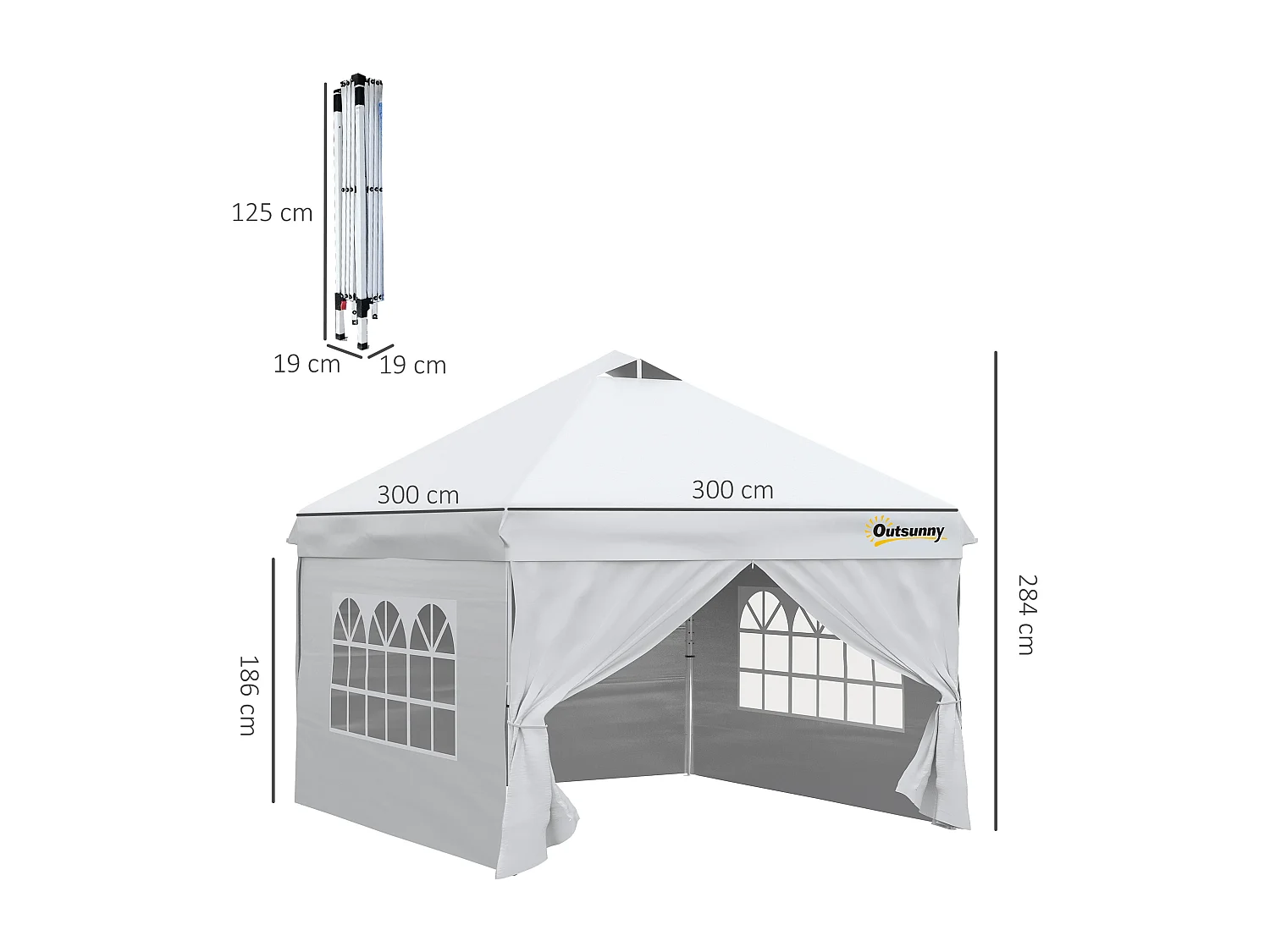Tonnelle barnum pliant pop-up 3L x 3l x 2,84H m 4 parois latérales amovibles 2 fenêtres + sac de transport métal Oxford blanc