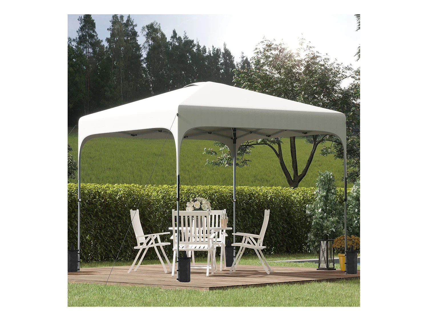 Tonnelle barnum automatique pop-up dim. 2,53L x 2,53l x 2,68H m hauteur réglable nombreux accessoires inclus acier oxford blanc