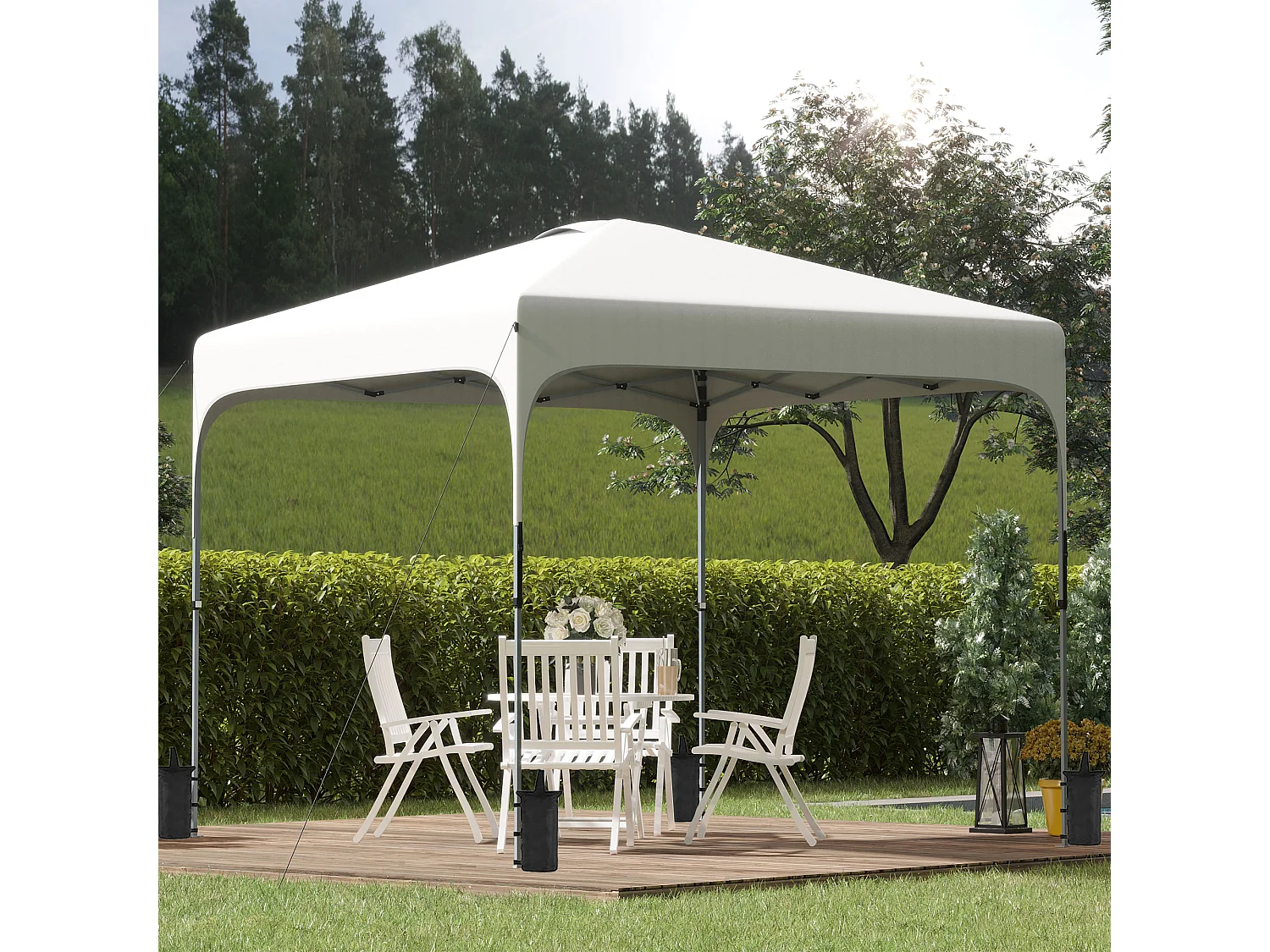 Tonnelle barnum automatique pop-up dim. 2,53L x 2,53l x 2,68H m hauteur réglable nombreux accessoires inclus acier oxford blanc