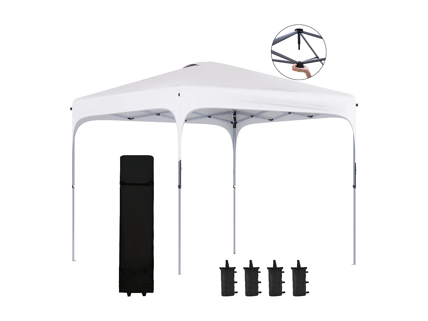 Tonnelle barnum automatique pop-up dim. 2,53L x 2,53l x 2,68H m hauteur réglable nombreux accessoires inclus acier oxford blanc