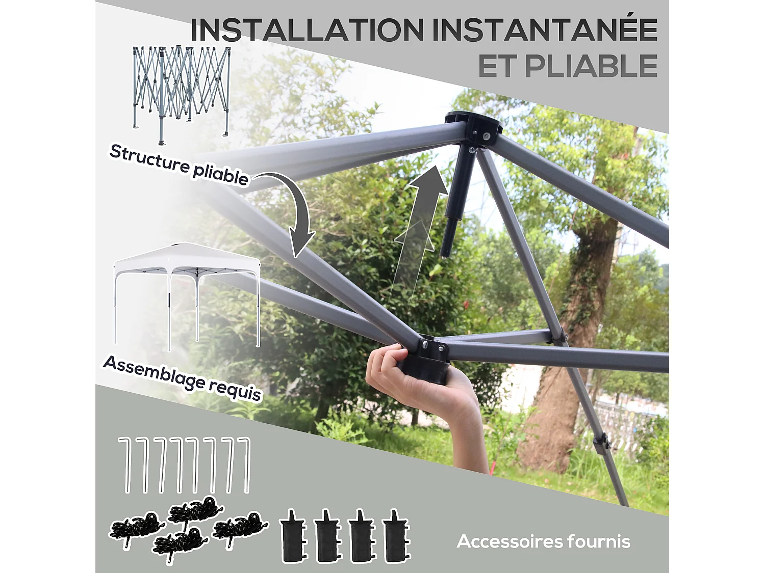 Tonnelle barnum automatique pop-up dim. 2,53L x 2,53l x 2,68H m hauteur réglable nombreux accessoires inclus acier oxford blanc