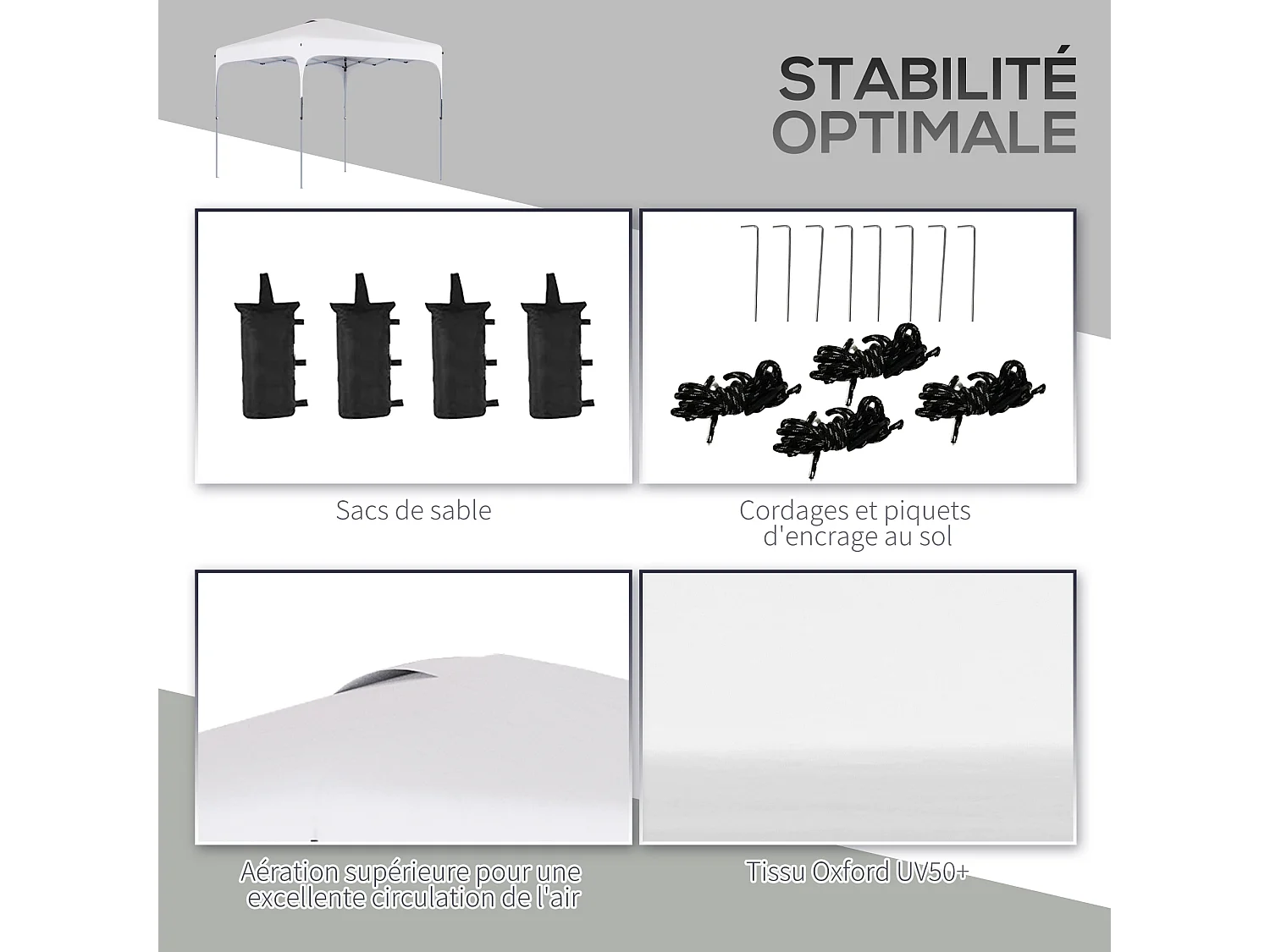 Tonnelle barnum automatique pop-up dim. 2,53L x 2,53l x 2,68H m hauteur réglable nombreux accessoires inclus acier oxford blanc