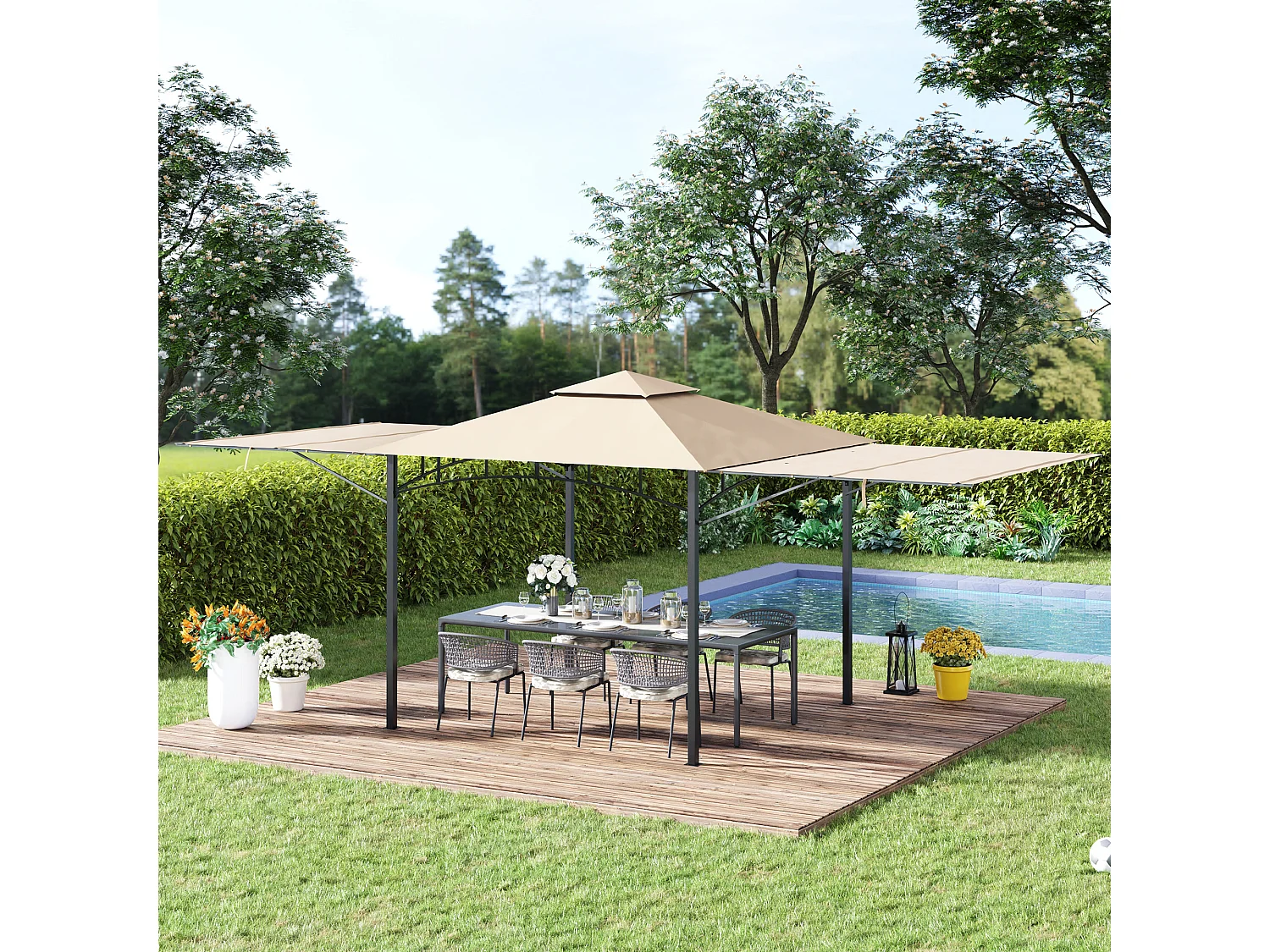Tonnelle pavillon de jardin 3x3 m avec double toit pour ventilation auvents réglables structure en métal tissu polyester beige