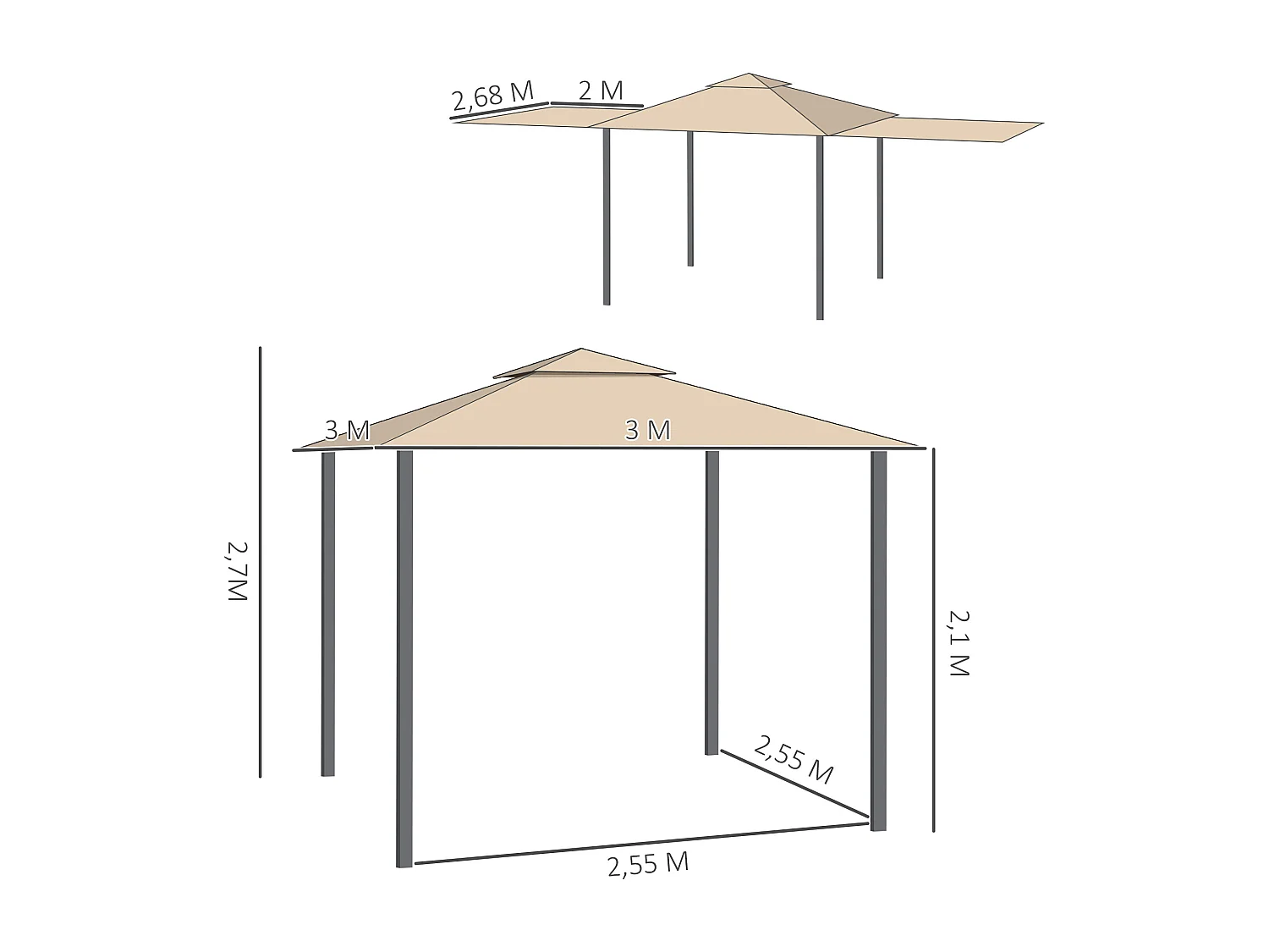 Tonnelle pavillon de jardin 3x3 m avec double toit pour ventilation auvents réglables structure en métal tissu polyester beige
