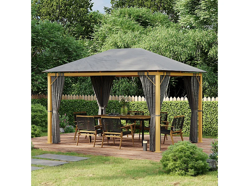 Pavillon de jardin style contemporain - barnum avec rideaux - dim. 3,97L x 2,97l x 2,8H m - alu. aspect bois polyester gris