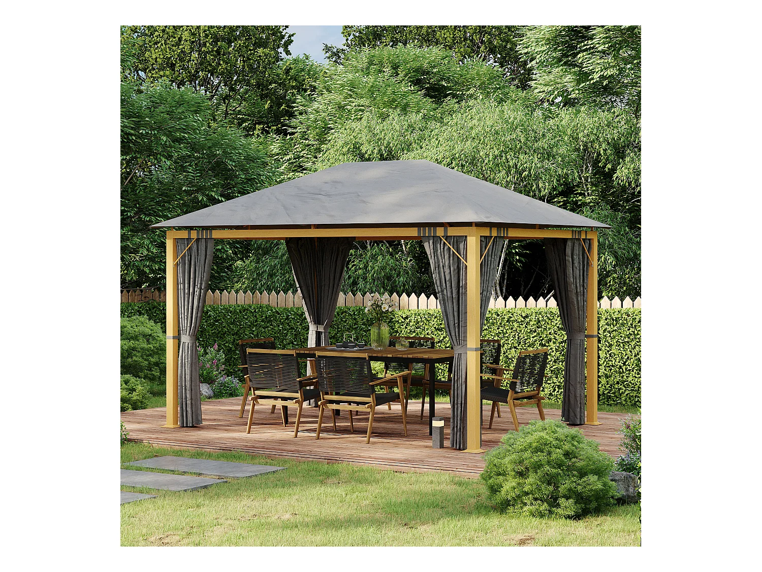 Pavillon de jardin style contemporain - barnum avec rideaux - dim. 3,97L x 2,97l x 2,8H m - alu. aspect bois polyester gris