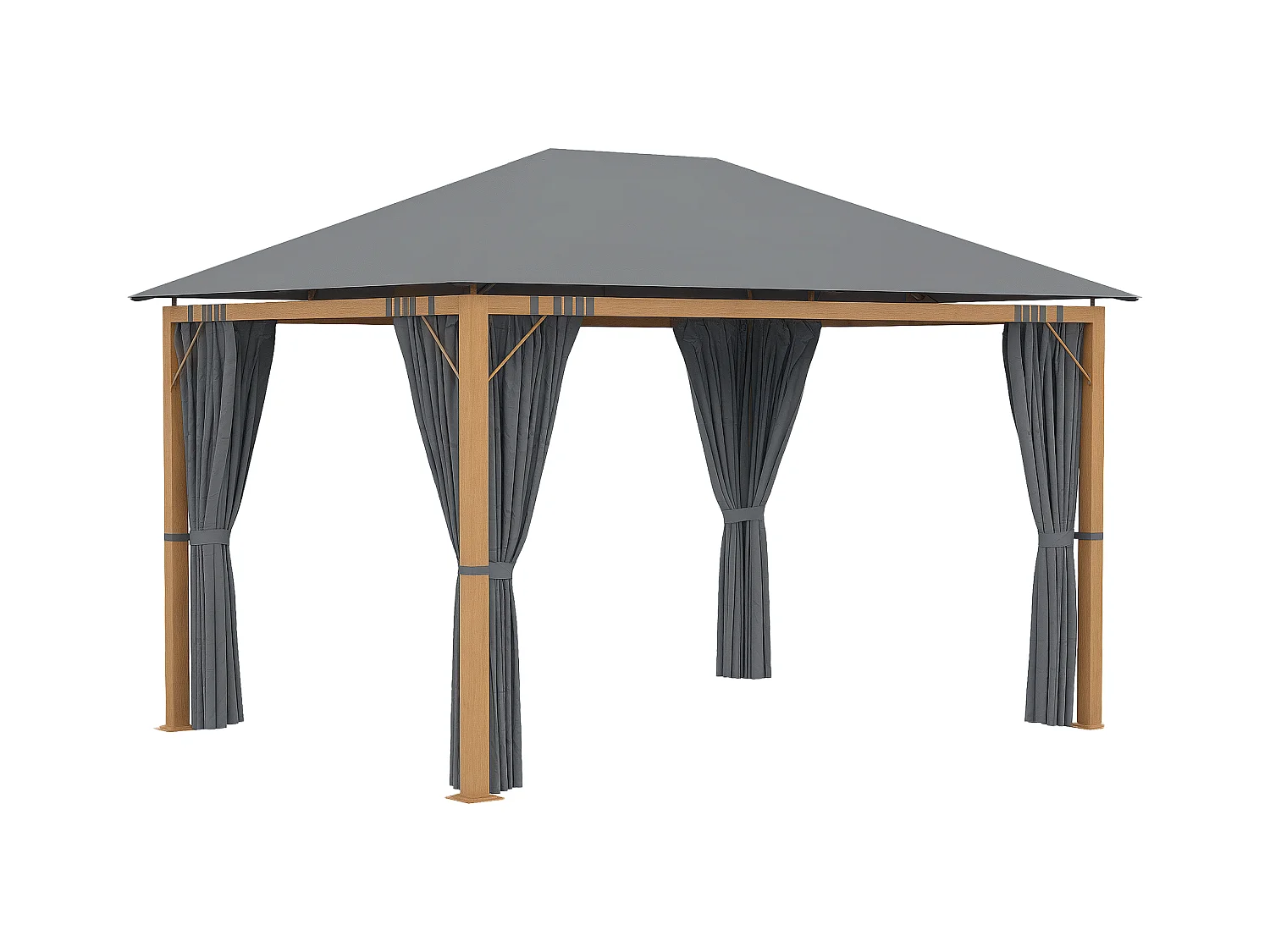 Pavillon de jardin style contemporain - barnum avec rideaux - dim. 3,97L x 2,97l x 2,8H m - alu. aspect bois polyester gris