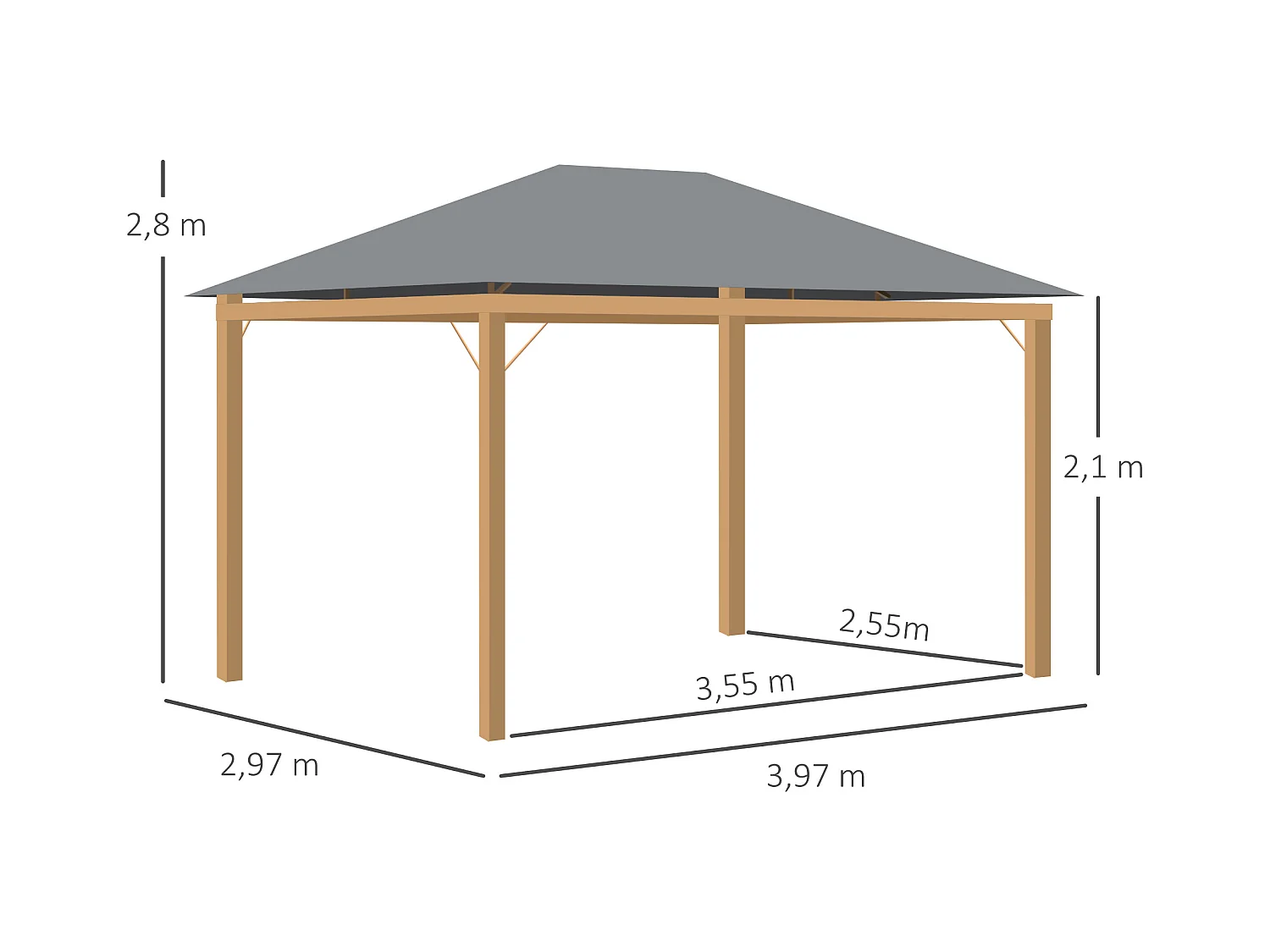 Pavillon de jardin style contemporain - barnum avec rideaux - dim. 3,97L x 2,97l x 2,8H m - alu. aspect bois polyester gris
