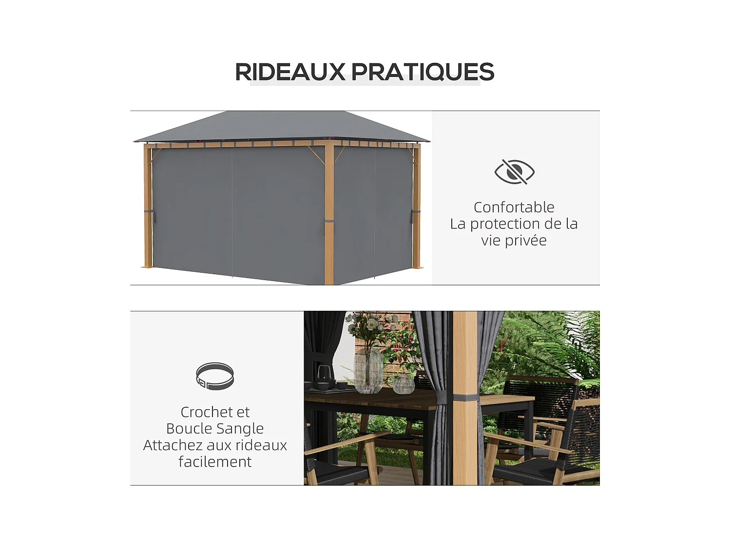 Pavillon de jardin style contemporain - barnum avec rideaux - dim. 3,97L x 2,97l x 2,8H m - alu. aspect bois polyester gris