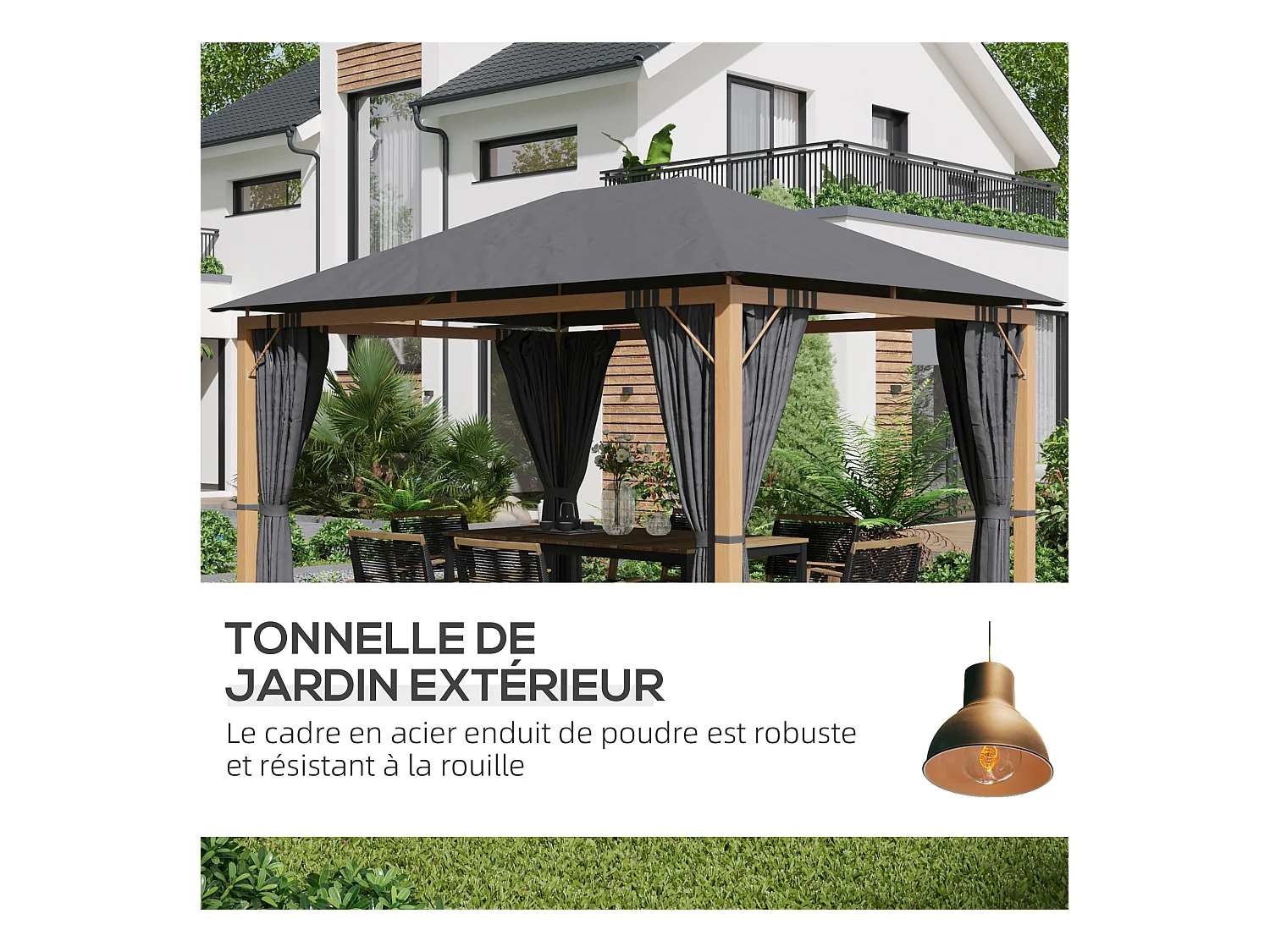 Pavillon de jardin style contemporain - barnum avec rideaux - dim. 3,97L x 2,97l x 2,8H m - alu. aspect bois polyester gris