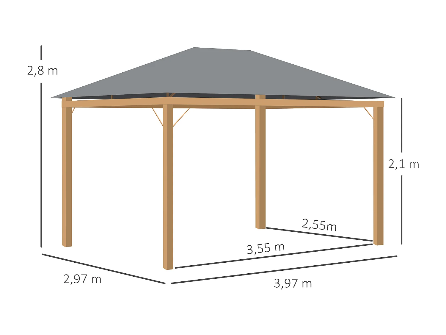 Pavillon de jardin style contemporain - barnum avec rideaux - dim. 3,97L x 2,97l x 2,8H m - alu. aspect bois polyester gris