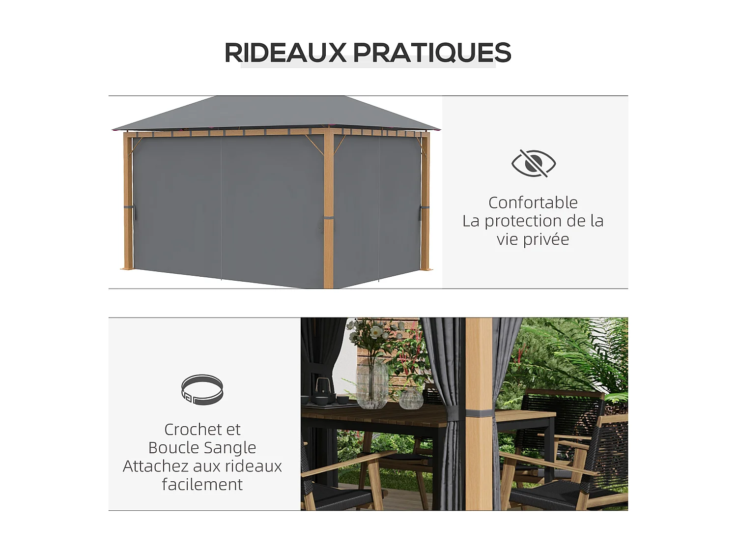 Pavillon de jardin style contemporain - barnum avec rideaux - dim. 3,97L x 2,97l x 2,8H m - alu. aspect bois polyester gris