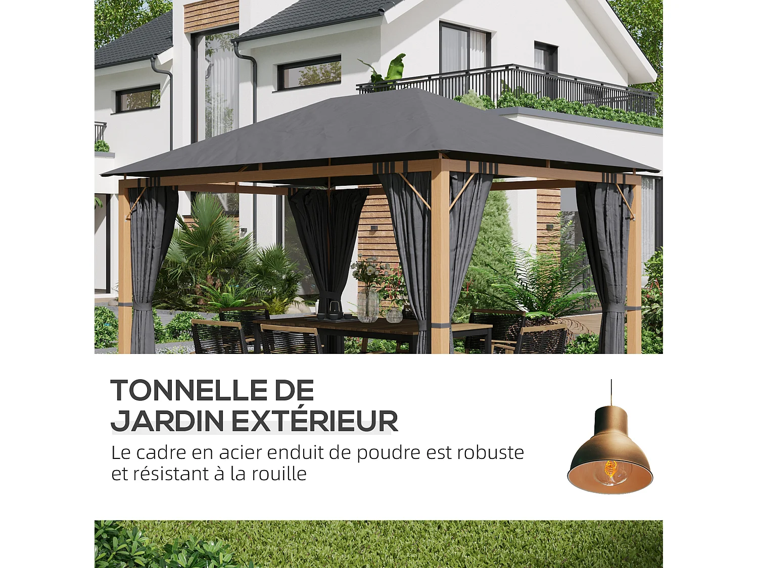 Pavillon de jardin style contemporain - barnum avec rideaux - dim. 3,97L x 2,97l x 2,8H m - alu. aspect bois polyester gris