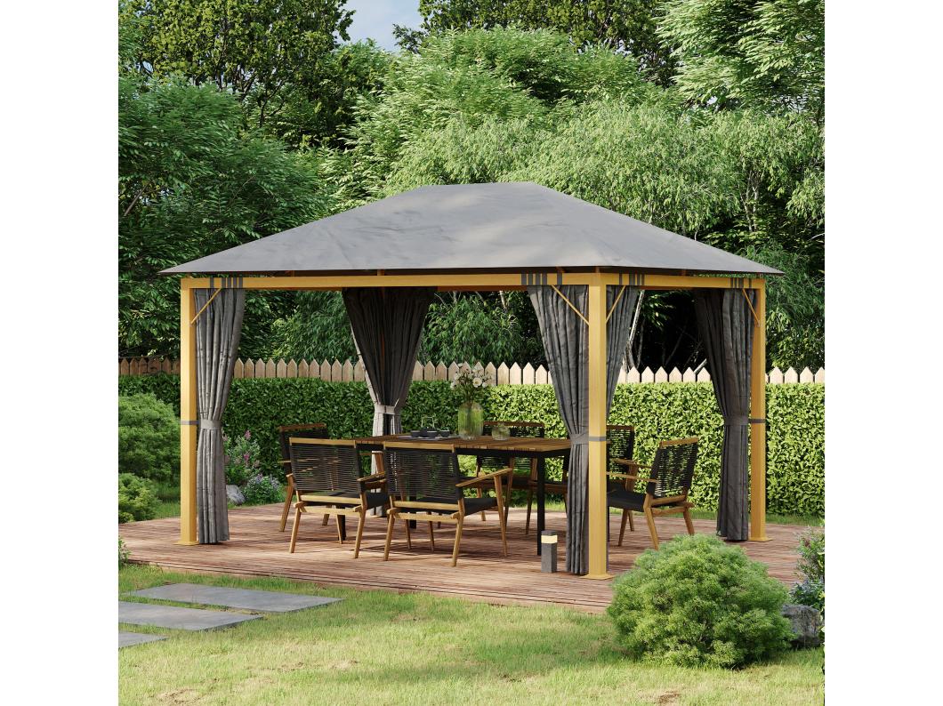 Pavillon de jardin style contemporain - barnum avec rideaux - dim. 3,97L x 2,97l x 2,8H m - alu. aspect bois polyester gris