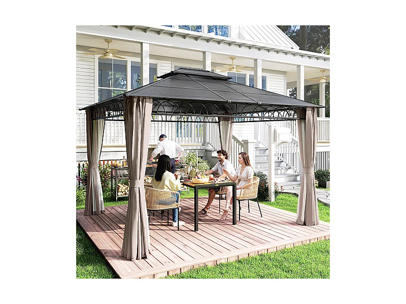 Pavillon de jardin tonnelle rigide dim. 3,6L x 3l x 2,78H m rideaux latéraux anti-UV structure gris toit polycarbonate noir