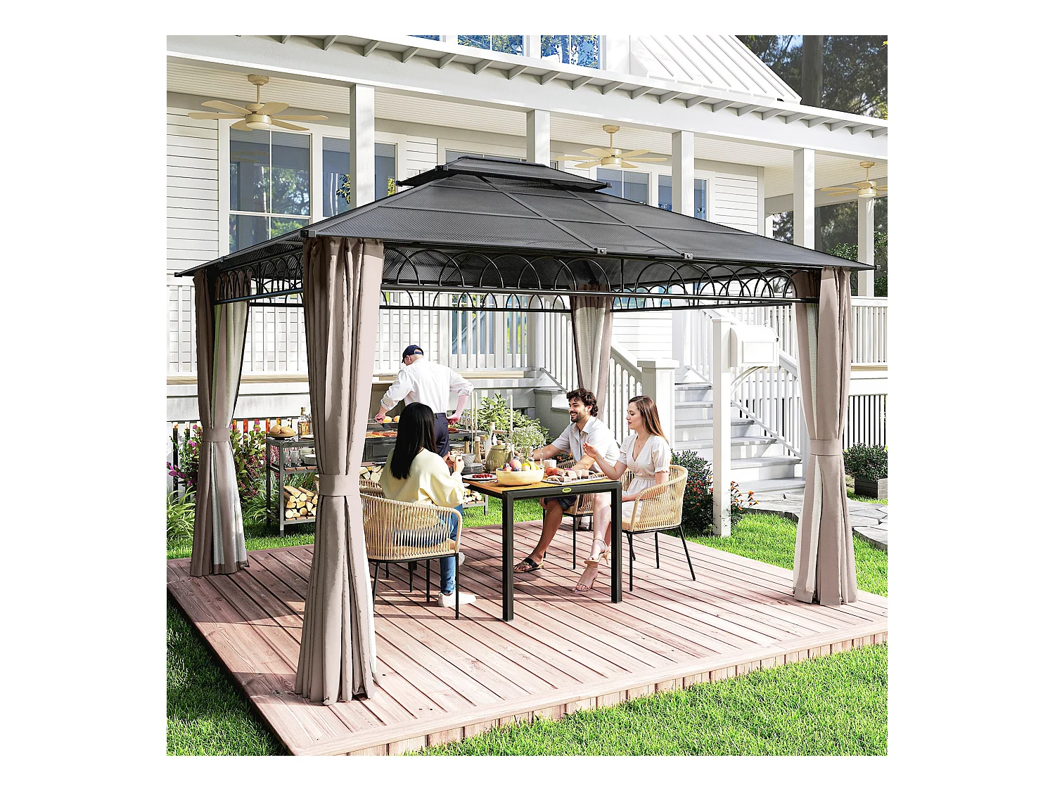 Pavillon de jardin tonnelle rigide dim. 3,6L x 3l x 2,78H m rideaux latéraux anti-UV structure gris toit polycarbonate noir