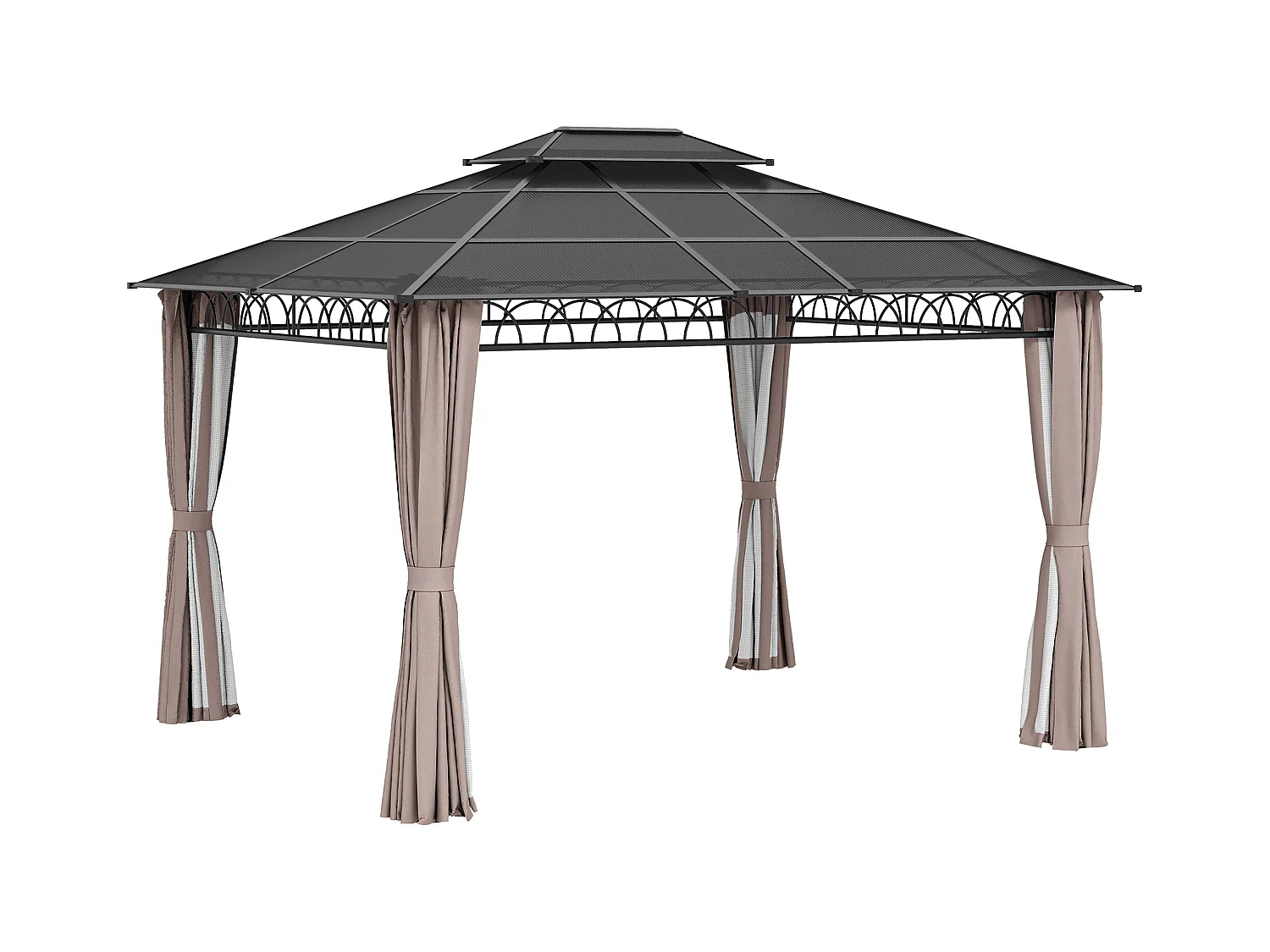 Pavillon de jardin tonnelle rigide dim. 3,6L x 3l x 2,78H m rideaux latéraux anti-UV structure gris toit polycarbonate noir