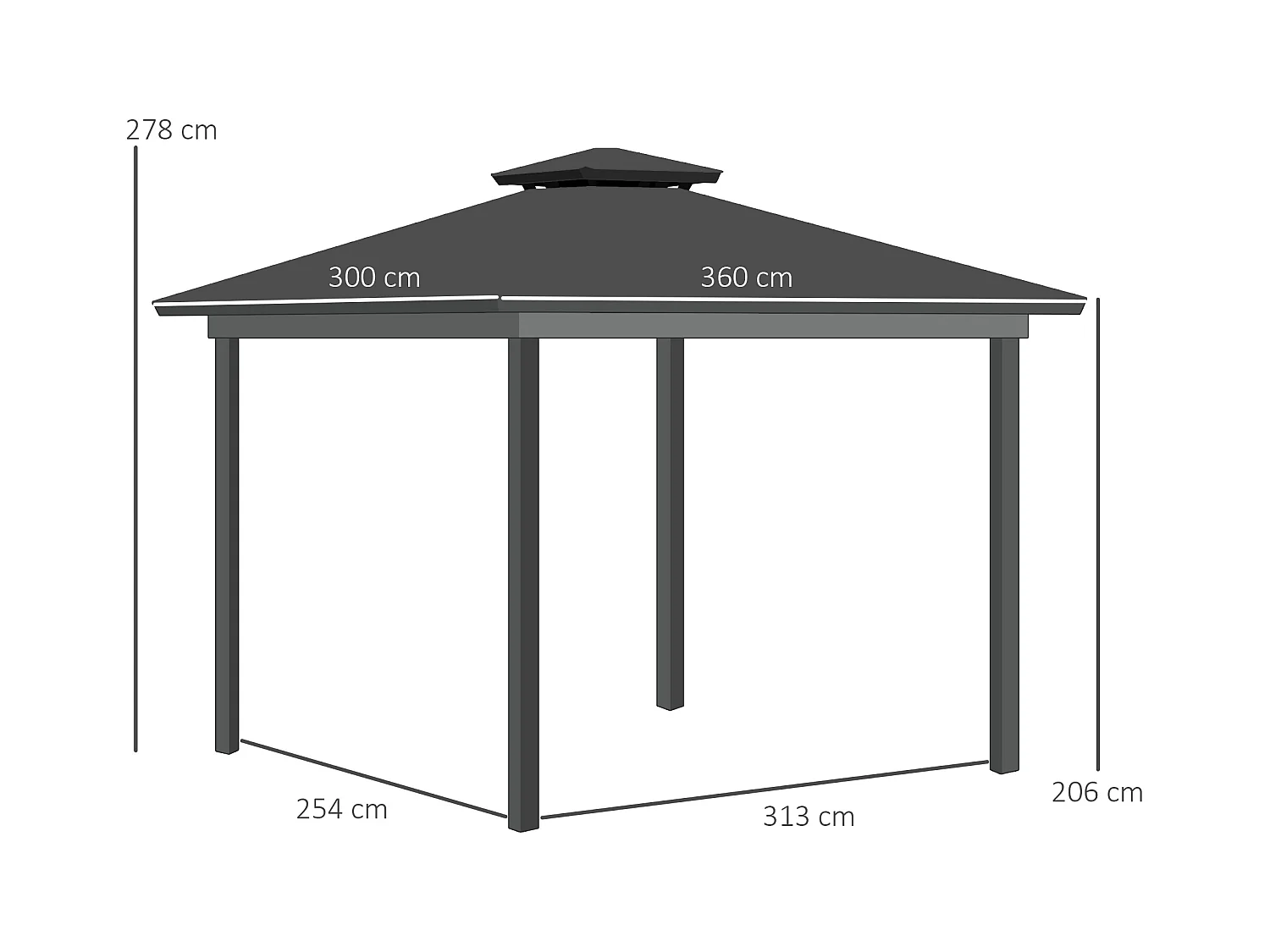 Pavillon de jardin tonnelle rigide dim. 3,6L x 3l x 2,78H m rideaux latéraux anti-UV structure gris toit polycarbonate noir