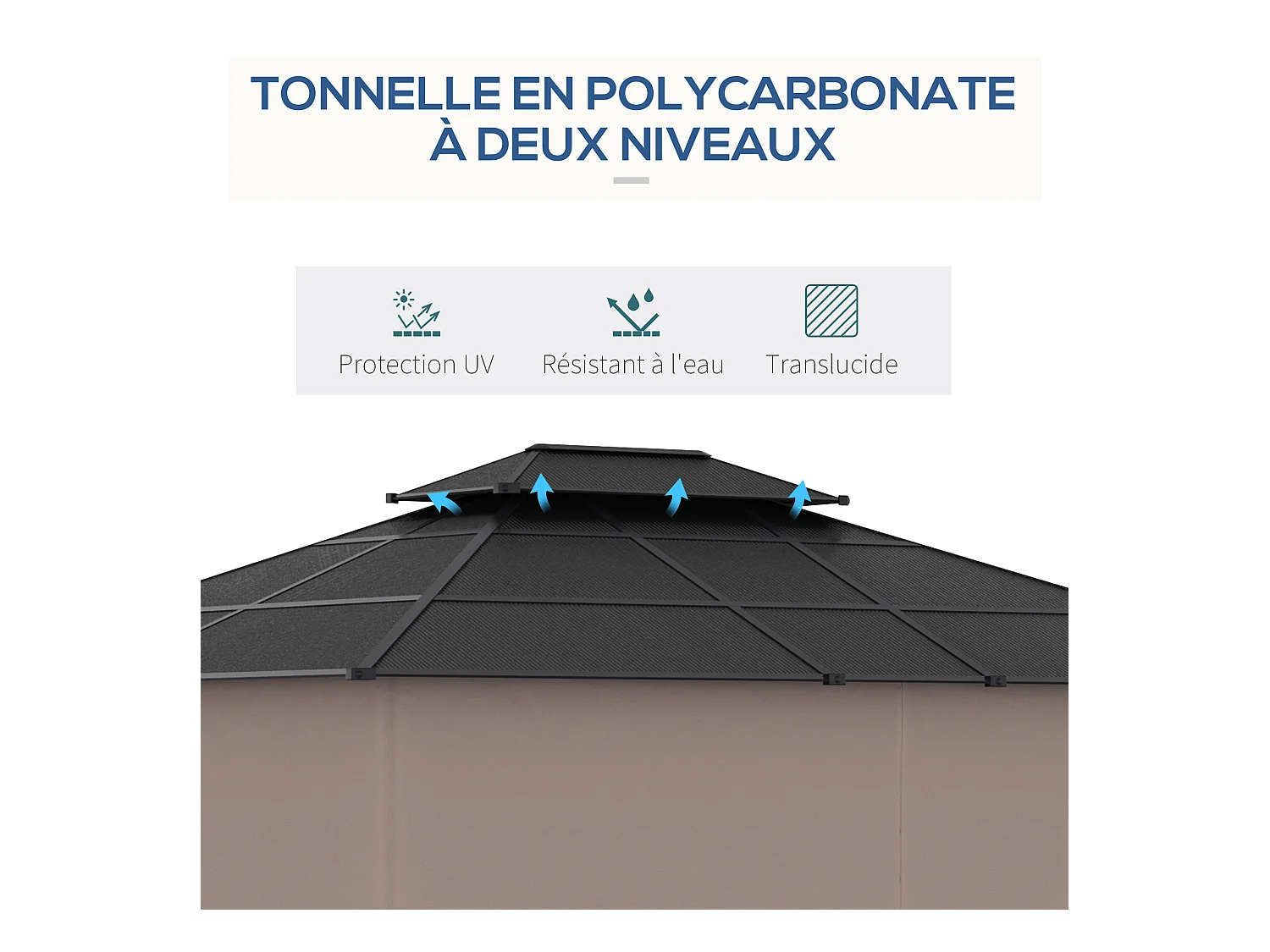 Pavillon de jardin tonnelle rigide dim. 3,6L x 3l x 2,78H m rideaux latéraux anti-UV structure gris toit polycarbonate noir