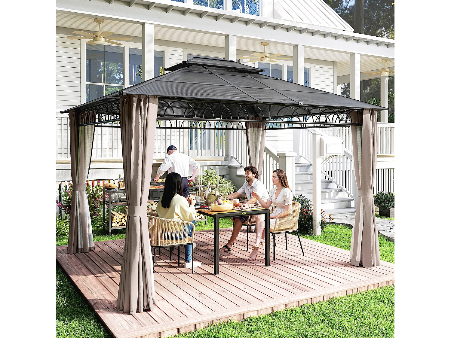 Pavillon de jardin tonnelle rigide dim. 3,6L x 3l x 2,78H m rideaux latéraux anti-UV structure gris toit polycarbonate noir