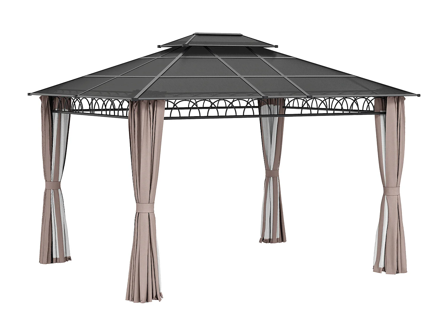 Pavillon de jardin tonnelle rigide dim. 3,6L x 3l x 2,78H m rideaux latéraux anti-UV structure gris toit polycarbonate noir