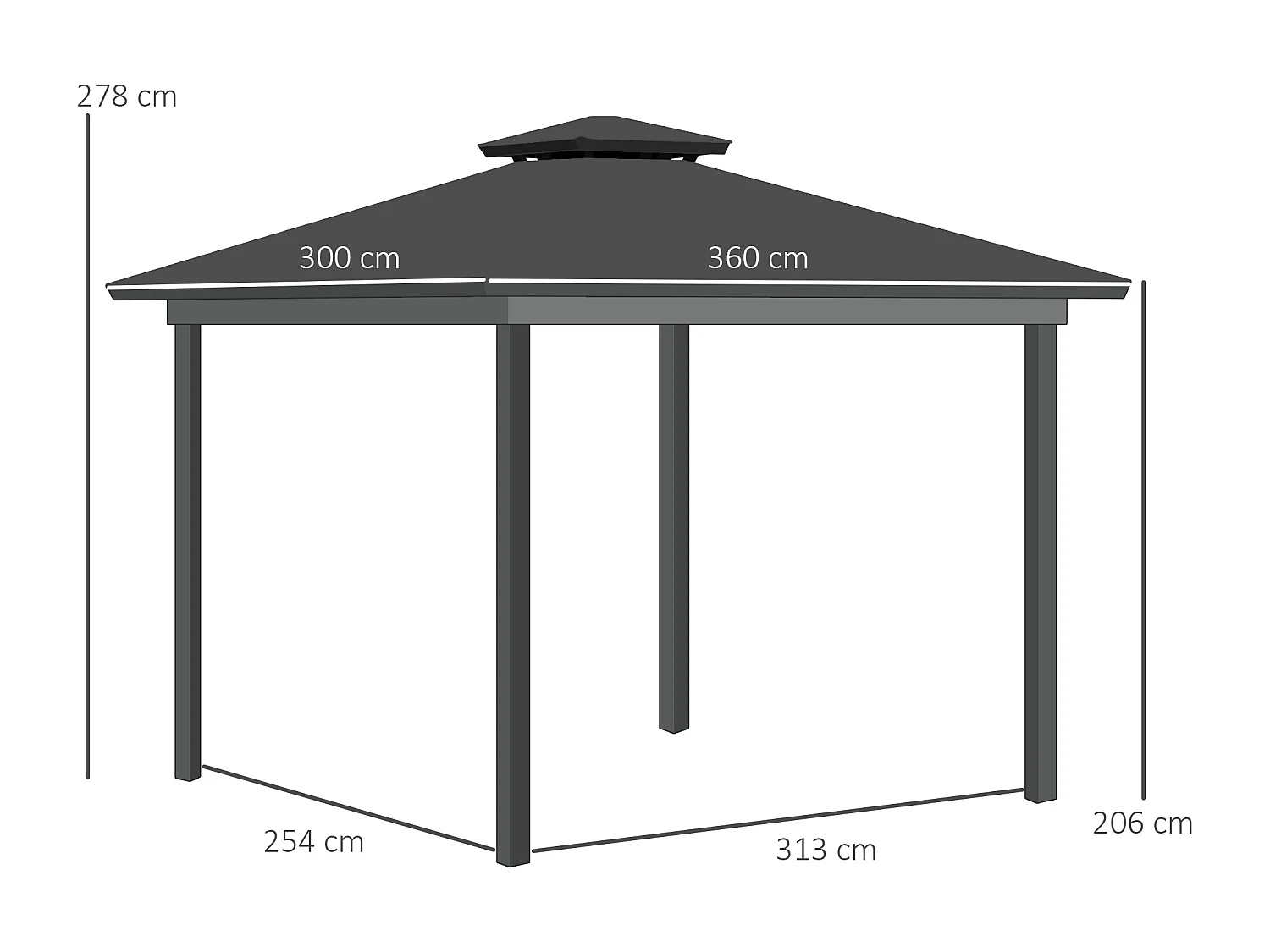 Pavillon de jardin tonnelle rigide dim. 3,6L x 3l x 2,78H m rideaux latéraux anti-UV structure gris toit polycarbonate noir