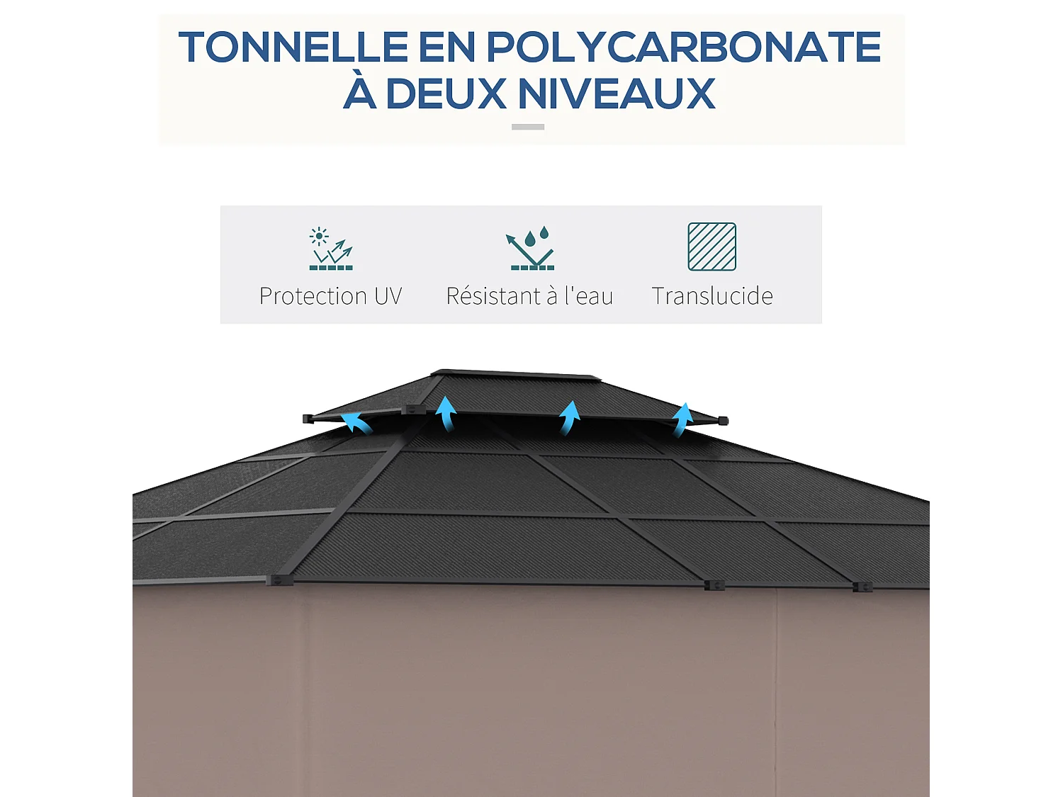 Pavillon de jardin tonnelle rigide dim. 3,6L x 3l x 2,78H m rideaux latéraux anti-UV structure gris toit polycarbonate noir
