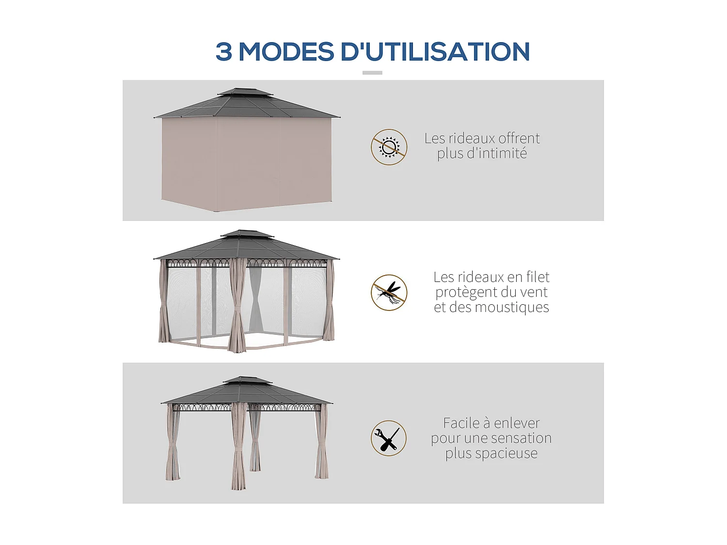 Pavillon de jardin tonnelle rigide dim. 3,6L x 3l x 2,78H m rideaux latéraux anti-UV structure gris toit polycarbonate noir