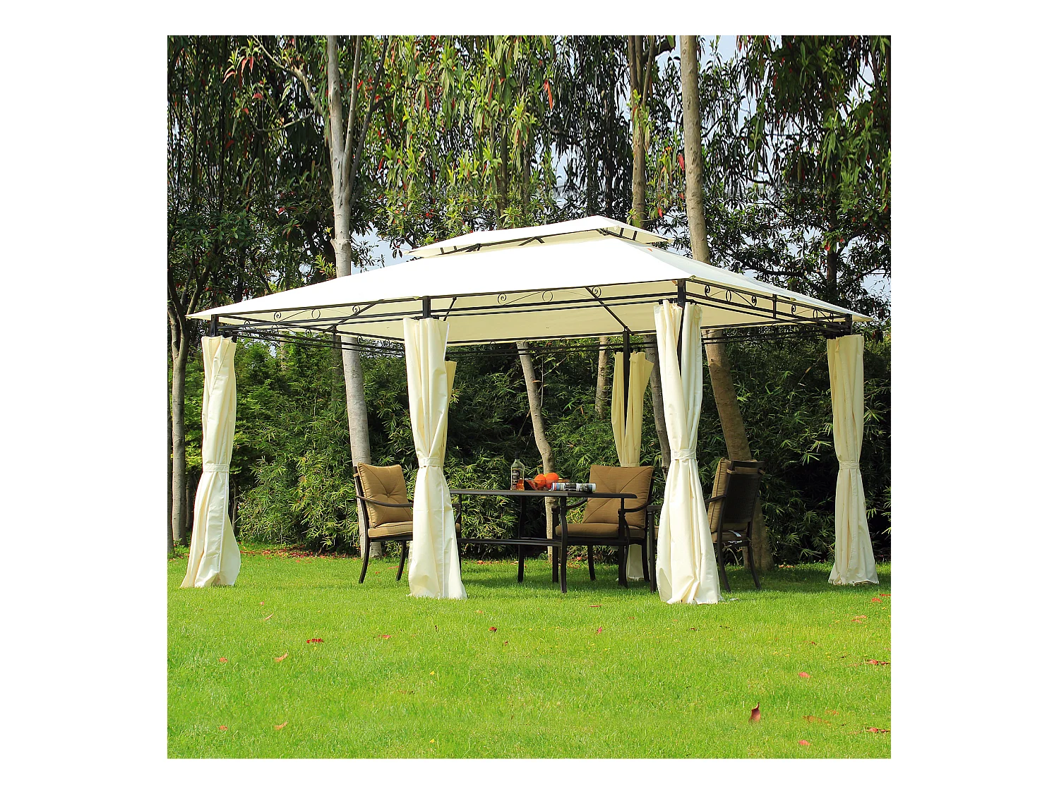 Tonnelle barnum pavillon de jardin style colonial double toit toiles latérales amovibles 3L x 4l x 2,65H m crème