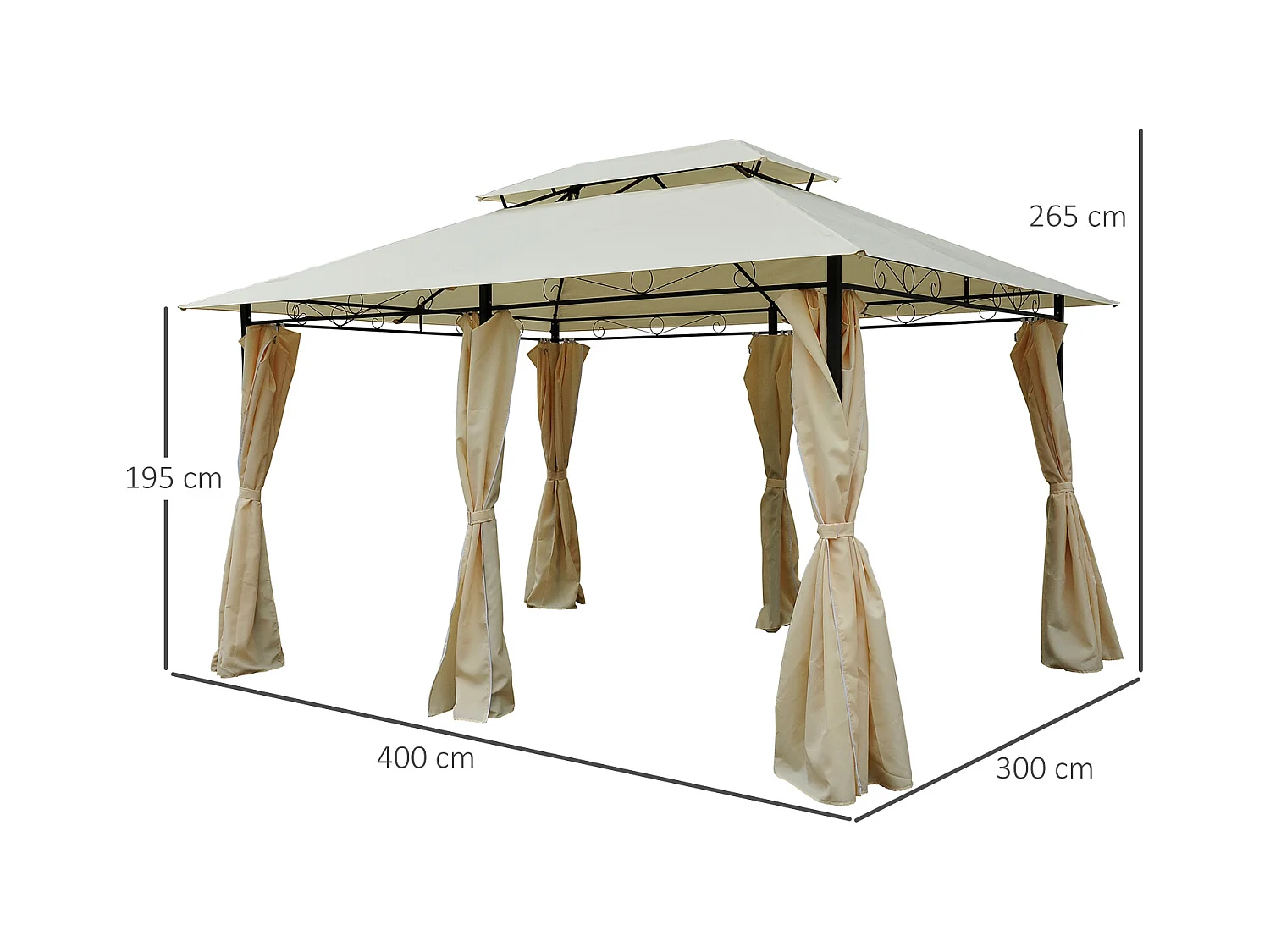 Tonnelle barnum pavillon de jardin style colonial double toit toiles latérales amovibles 3L x 4l x 2,65H m crème