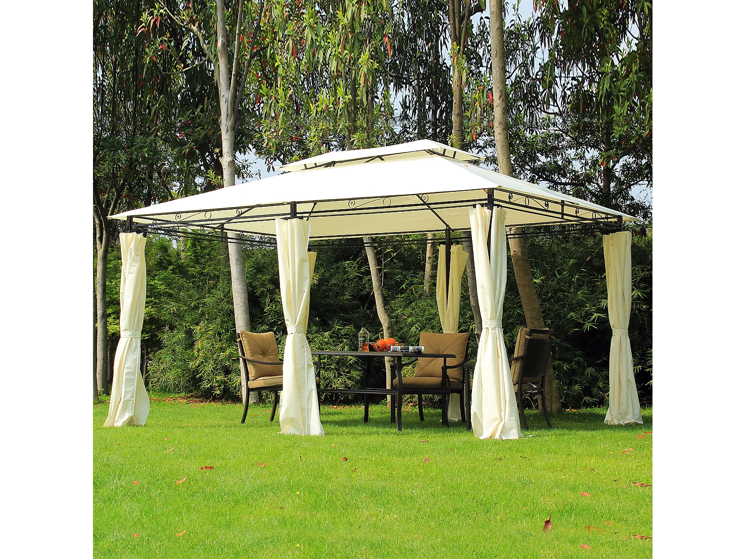 Tonnelle barnum pavillon de jardin style colonial double toit toiles latérales amovibles 3L x 4l x 2,65H m crème