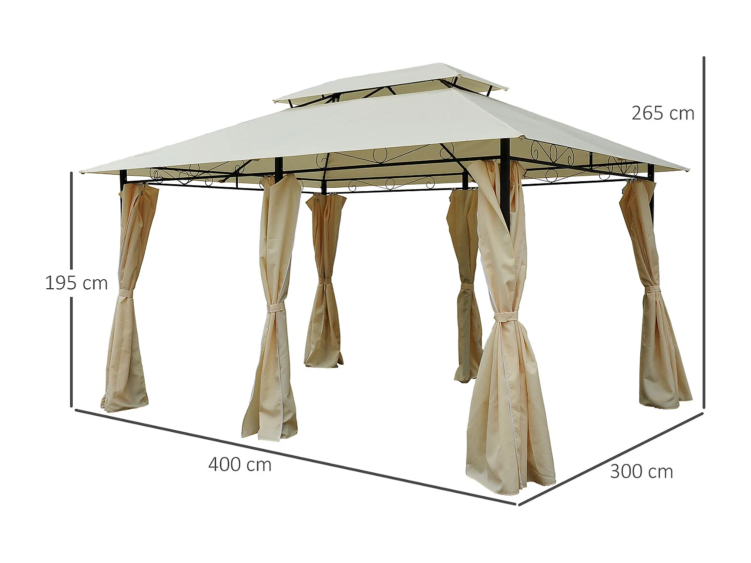 Tonnelle barnum pavillon de jardin style colonial double toit toiles latérales amovibles 3L x 4l x 2,65H m crème